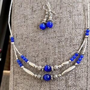 Blue Cat’s eye and Silver Beaded Necklace Set